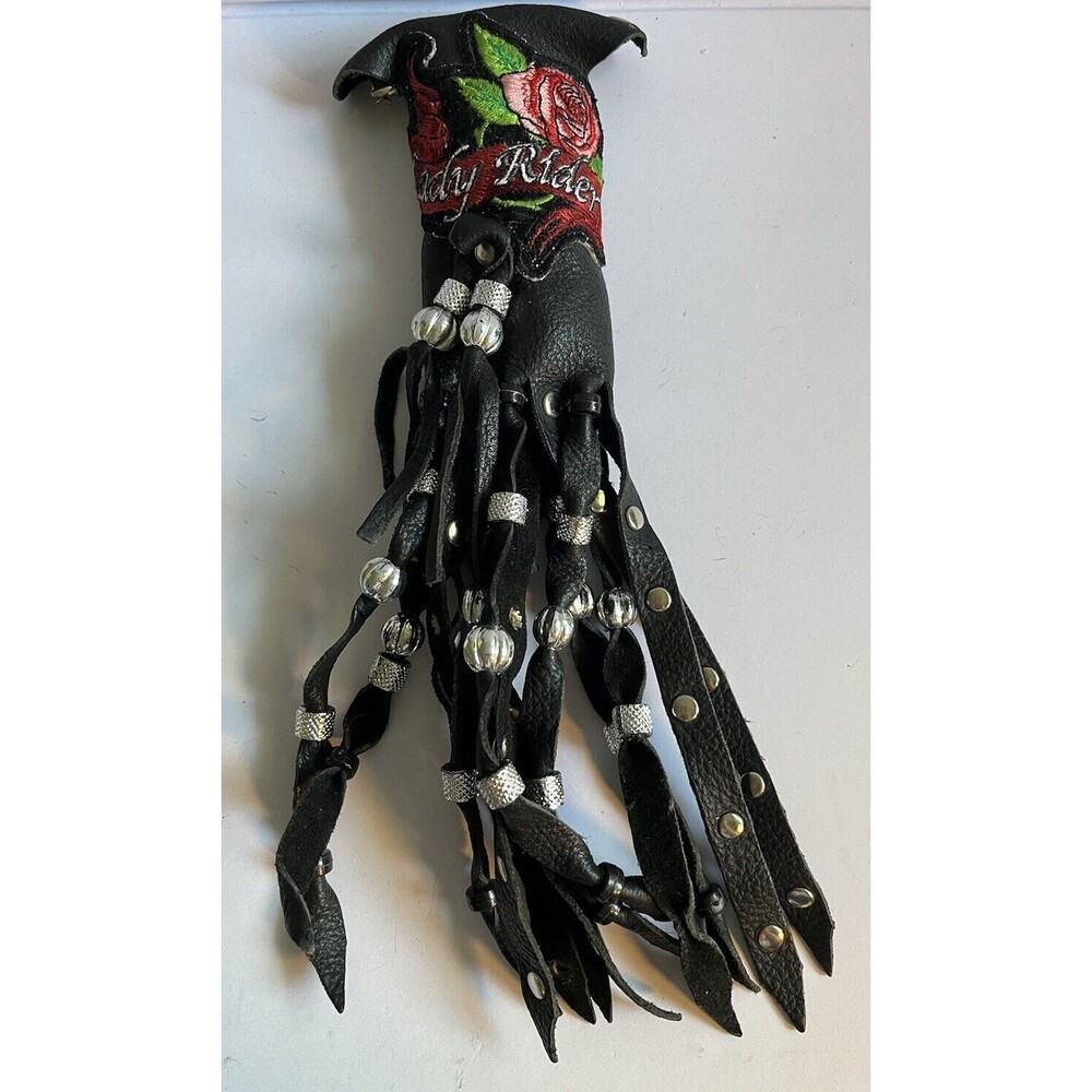 Lady Rider Women's Leather Hair Barrette Ponytail Glove Wrap Black with Rose